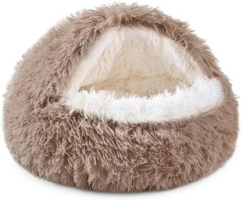 Cat Bed Round Soft Plush Burrowing Cave Hooded Cat Bed Donut for Dogs & Cats, Faux Fur Cuddler Round Comfortable Self Warming pet Bed, Machine Washabl (Color: Brown, size: 27.5'' for cat  up to 30lbs)
