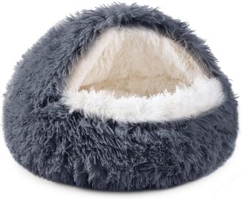 Cat Bed Round Soft Plush Burrowing Cave Hooded Cat Bed Donut for Dogs & Cats, Faux Fur Cuddler Round Comfortable Self Warming pet Bed, Machine Washabl (Color: Gray, size: 23.5'' for cat up to 22lbs)